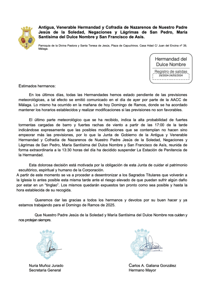 Comunicado Urgente de la Cofradías de hoy domingo de Ramos de Málaga