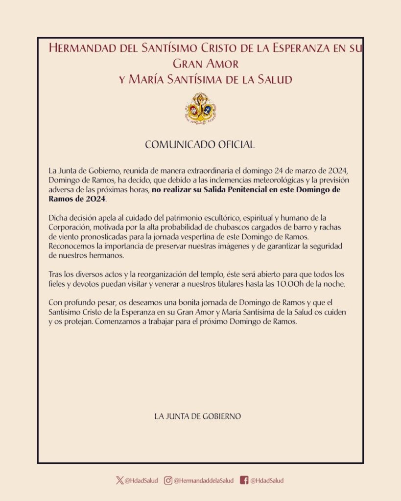 Comunicado Urgente de la Cofradías de hoy domingo de Ramos de Málaga