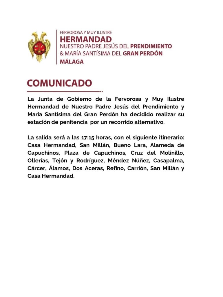 Comunicado Urgente de la Cofradías de hoy domingo de Ramos de Málaga