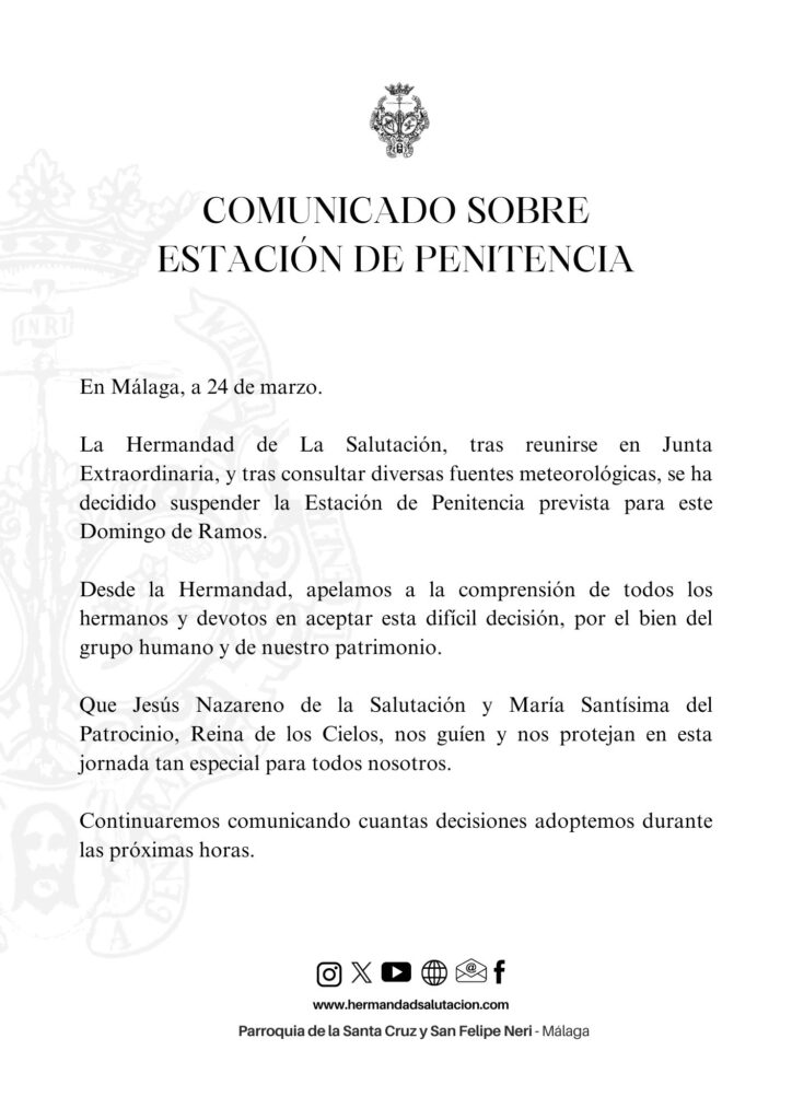 Comunicado Urgente de la Cofradías de hoy domingo de Ramos de Málaga