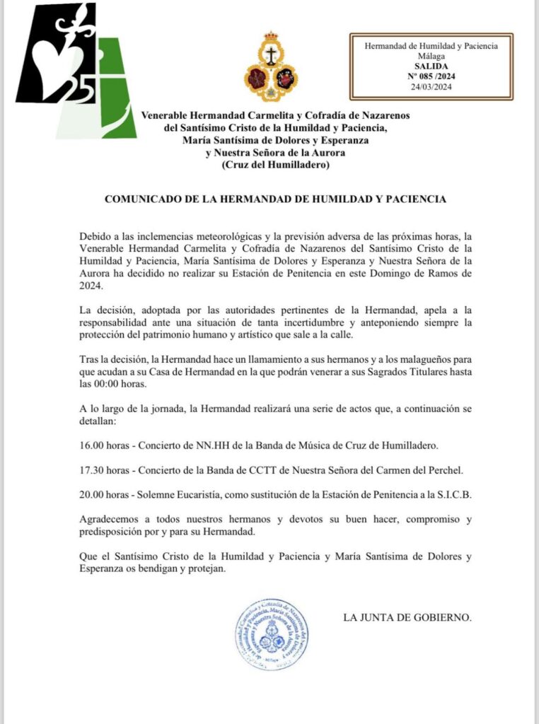Comunicado Urgente de la Cofradías de hoy domingo de Ramos de Málaga