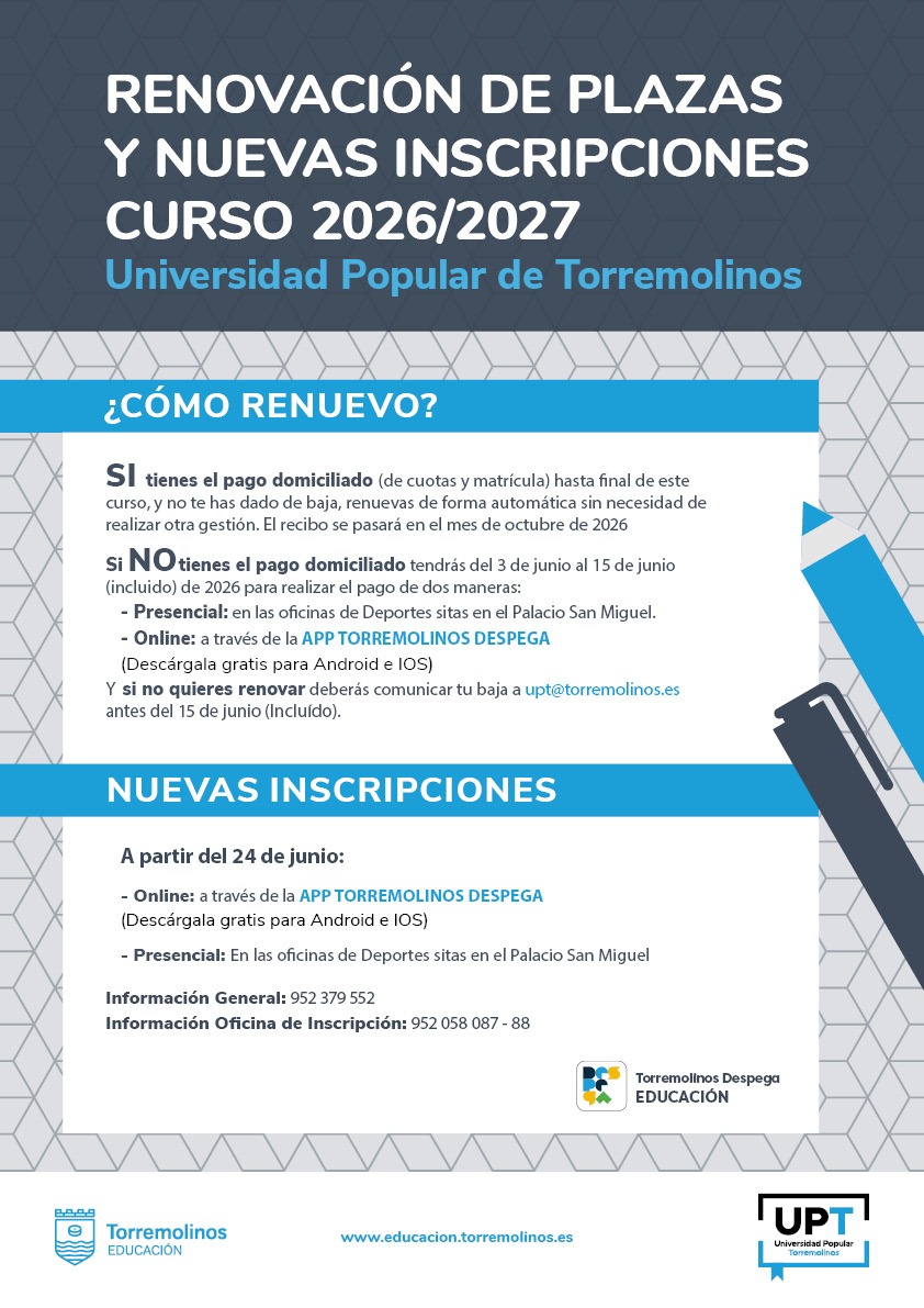 El 3 de junio abre el plazo de renovación de matrículas en la Universidad Popular de Torremolinos El 3 de junio abre el plazo de renovación de matrículas en la Universidad Popular de Torremolinos