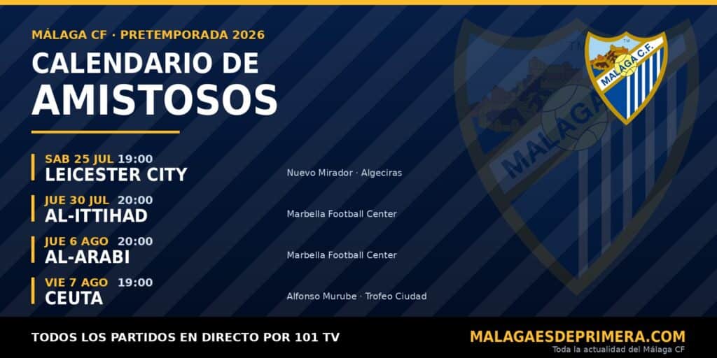 El Málaga CF arranca sus amistosos este sábado ante el Leicester City y emitirá los cuatro partidos en directo por 101 TV