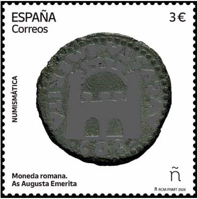 Correos presenta los sellos dedicados a “64 EXFILNA 2026. Mérida. Templo de Diana” y a la “Moneda romana As Augusta Emerita”