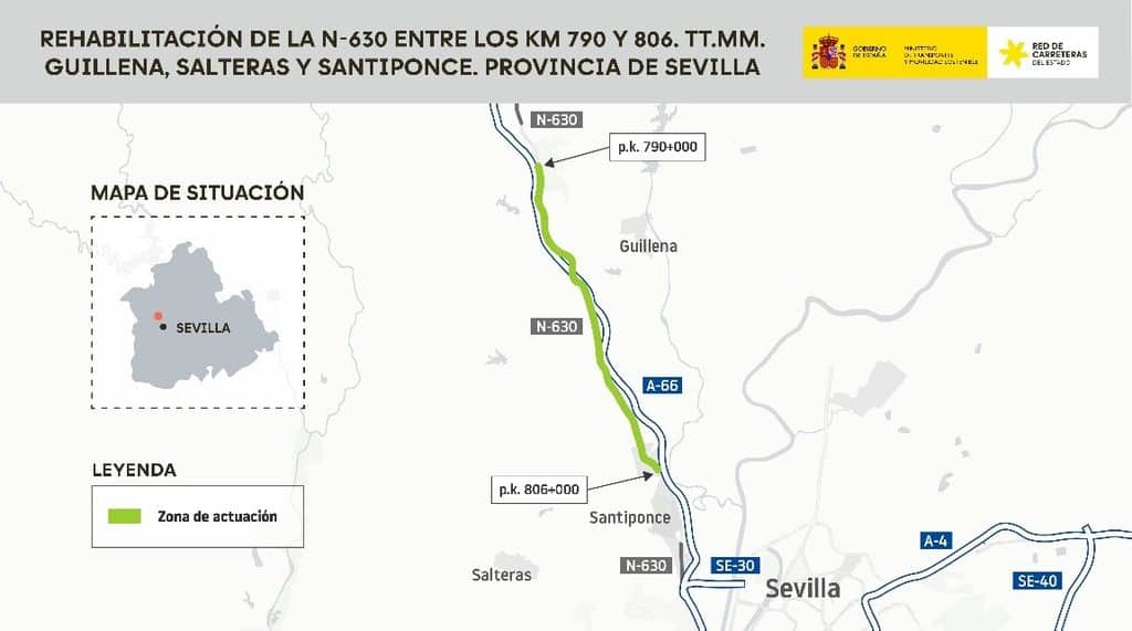 Transportes licita las obras de rehabilitación del firme en 16 kilómetros de la N-630 a su paso por Guillena, Salteras y Santiponce