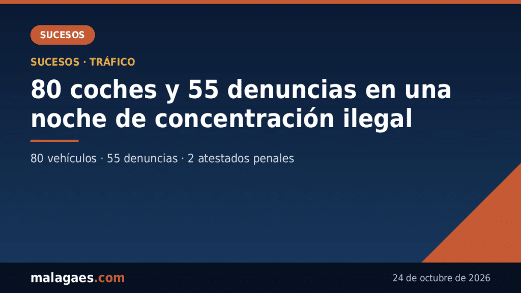 80 coches y 55 denuncias en una noche: la Policía Local desmonta una concentración ilegal en la carretera Azucarera-Intelhorce de Málaga